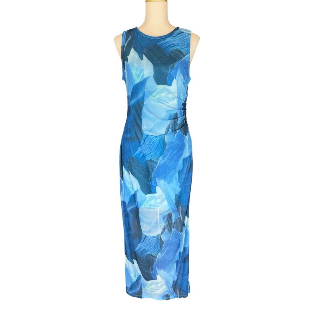 Commense Dress XL Blue Sleeveless Floral Tropical Print Maxi Long Dress